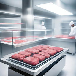 A futuristic kitchen showcasing lab-grown meat being prepared