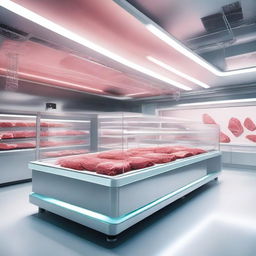 A futuristic kitchen showcasing lab-grown meat being prepared