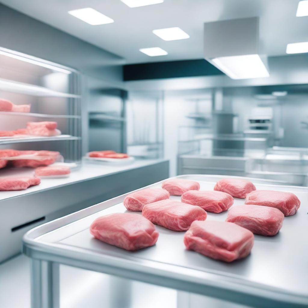 A futuristic kitchen showcasing lab-grown meat being prepared