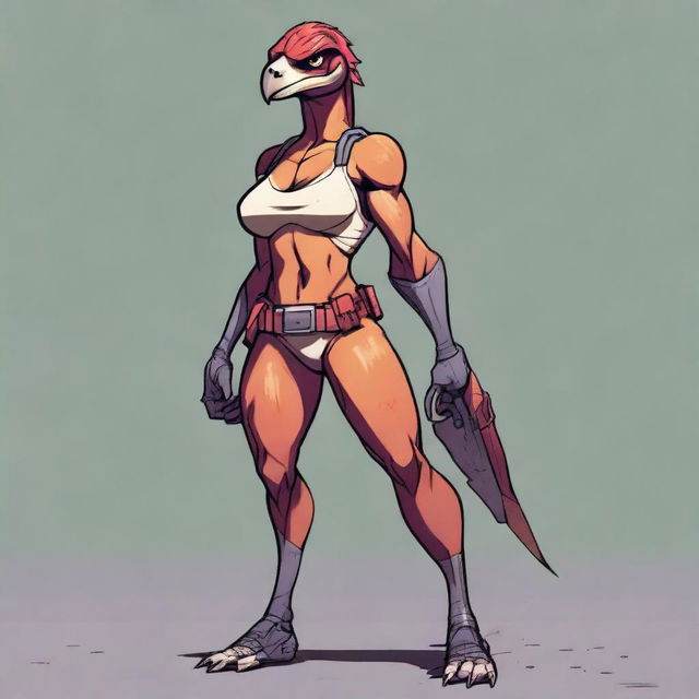 An anthropomorphic female raptor with a curvy body, large chest, and defined abs