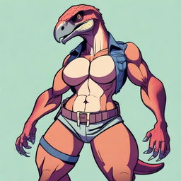 An anthropomorphic female raptor with a curvy body, large chest, and defined abs