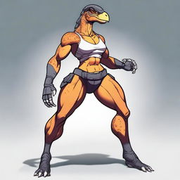 An anthropomorphic female raptor with a curvy body, large chest, and defined abs