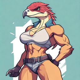 An anthropomorphic female raptor with a curvy body, large chest, and defined abs