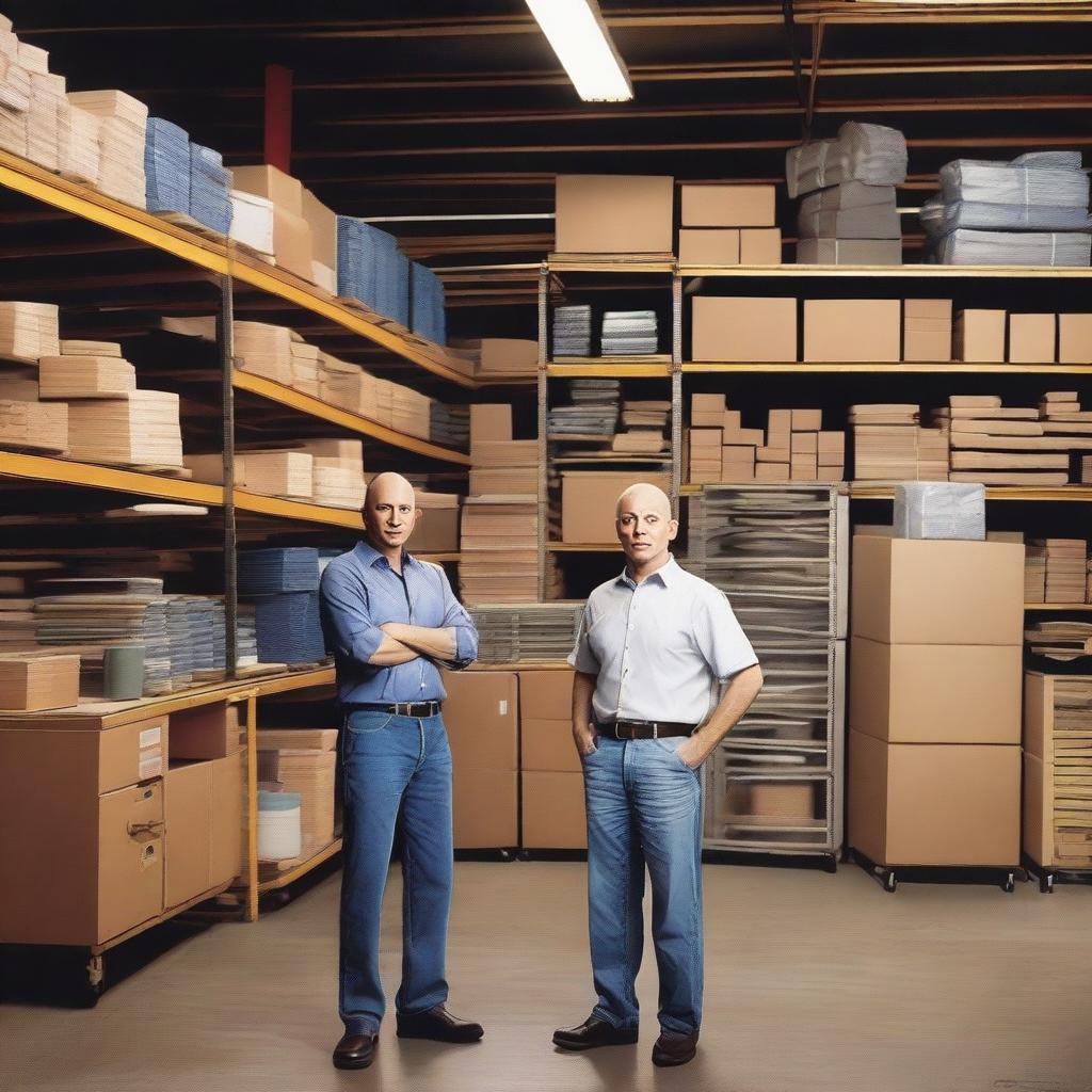 Create a split image featuring Jeff Bezos in his garage during Amazon's early days on one side, and Amazon's massive headquarters on the other side