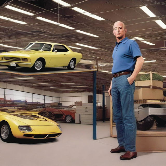 Create a split image featuring Jeff Bezos in his garage during Amazon's early days on one side, and Amazon's massive headquarters on the other side