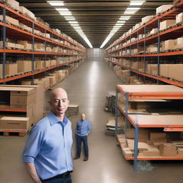 Create a split image featuring Jeff Bezos in his garage during Amazon's early days on one side, and Amazon's massive headquarters on the other side