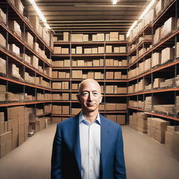 Create a split image featuring Jeff Bezos in his garage during Amazon's early days on one side, and Amazon's massive headquarters on the other side