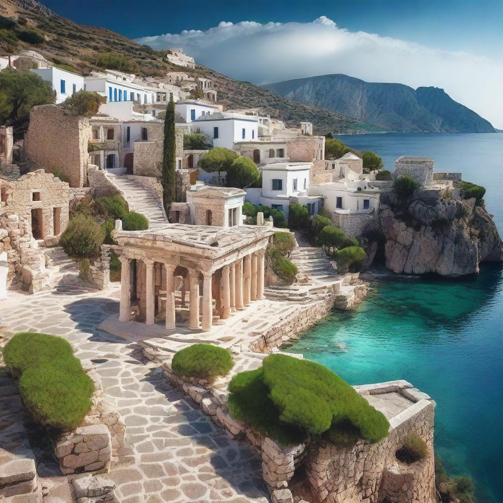 A stunning view of a magic academy located in a picturesque city in Greece