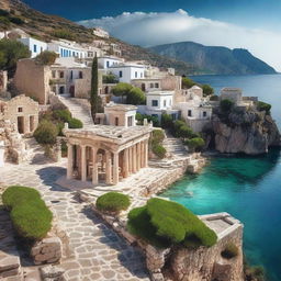 A stunning view of a magic academy located in a picturesque city in Greece