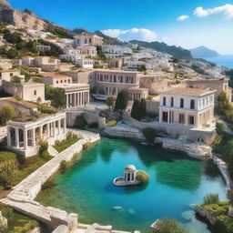 A stunning view of a magic academy located in a picturesque city in Greece