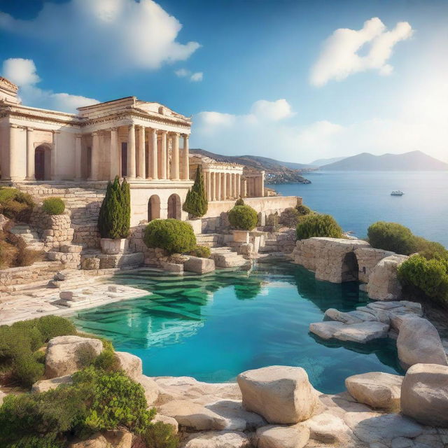 A stunning view of a magic academy located in a picturesque city in Greece