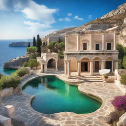 A stunning view of a magic academy located in a picturesque city in Greece