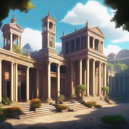 A far view of a magic academy situated in an ancient city