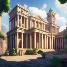 A far view of a magic academy situated in an ancient city