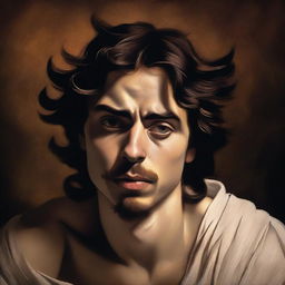 Design a book cover featuring the verse 'My God, my God, why have you deserted me?' in the style of a Caravaggio painting