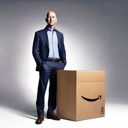 Create an image of Jeff Bezos standing next to an Amazon Prime delivery box that is glowing as if it's sacred