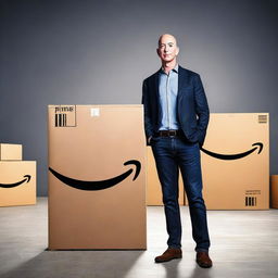 Create an image of Jeff Bezos standing next to an Amazon Prime delivery box that is glowing as if it's sacred