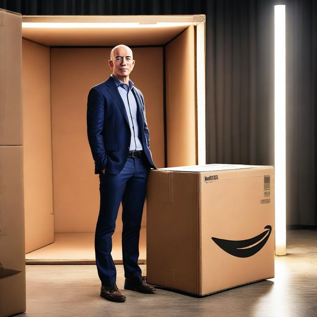 Create an image of Jeff Bezos standing next to an Amazon Prime delivery box that is glowing as if it's sacred