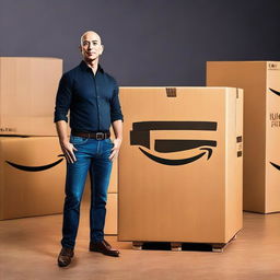 Create an image of Jeff Bezos standing next to an Amazon Prime delivery box that is glowing as if it's sacred