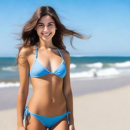 A girl wearing a bikini, standing on a sunny beach with clear blue skies and gentle waves in the background