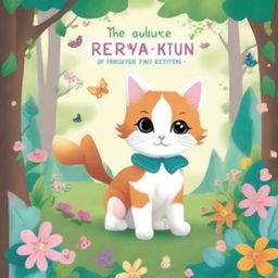 A colorful and enchanting book cover for a children's book titled 'The Adventures of Freya, the Calico Kitten