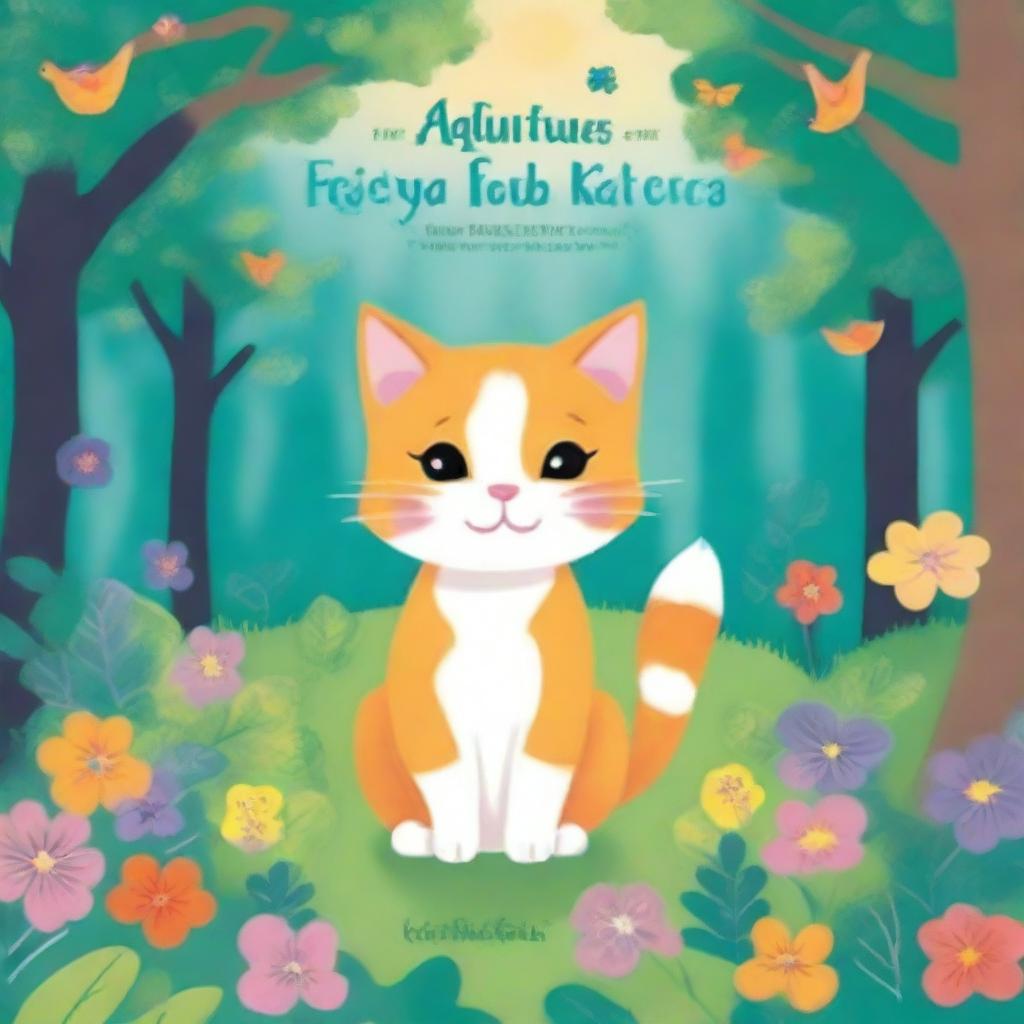 A colorful and enchanting book cover for a children's book titled 'The Adventures of Freya, the Calico Kitten