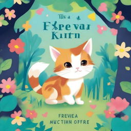 A colorful and enchanting book cover for a children's book titled 'The Adventures of Freya, the Calico Kitten