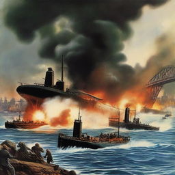 A detailed depiction of the Japanese submarine attack on Sydney Harbour during World War II