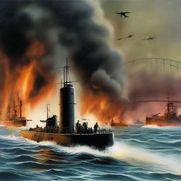 A detailed depiction of the Japanese submarine attack on Sydney Harbour during World War II