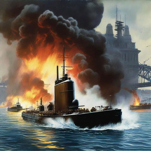 A detailed depiction of the Japanese submarine attack on Sydney Harbour during World War II