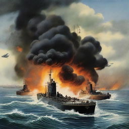 A detailed depiction of the Japanese submarine attack on Sydney Harbour during World War II