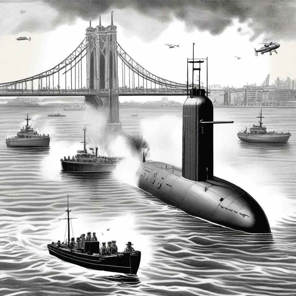 A detailed illustration of a Japanese midget submarine launching an attack on an American warship in Sydney Harbour