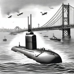 A detailed illustration of a Japanese midget submarine launching an attack on an American warship in Sydney Harbour