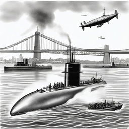 A detailed illustration of a Japanese midget submarine launching an attack on an American warship in Sydney Harbour