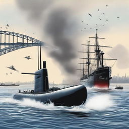 A detailed illustration of a Japanese midget submarine launching an attack on an American warship in Sydney Harbour