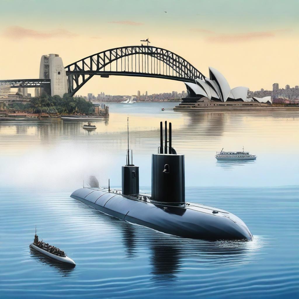 A detailed scene of a small submarine launching an attack on Sydney Harbour