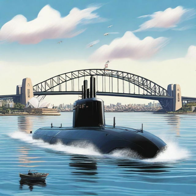 A detailed scene of a small submarine launching an attack on Sydney Harbour