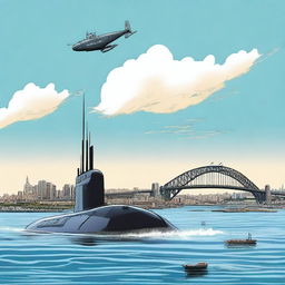 A detailed scene of a small submarine launching an attack on Sydney Harbour