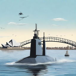 A detailed scene of a small submarine launching an attack on Sydney Harbour