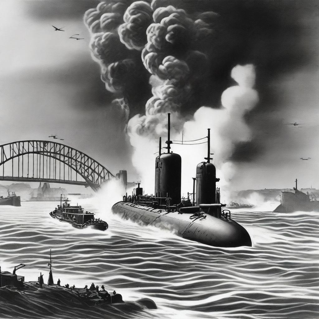 A detailed illustration of the 1942 Japanese submarine attack on Sydney Harbour