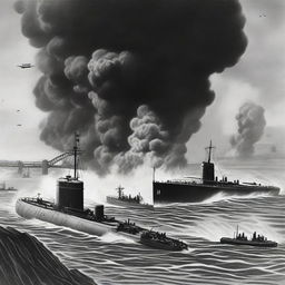 A detailed illustration of the 1942 Japanese submarine attack on Sydney Harbour