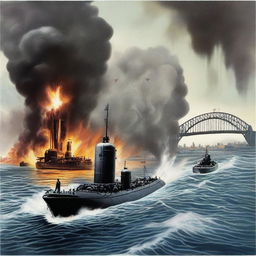 A detailed illustration of the 1942 Japanese submarine attack on Sydney Harbour