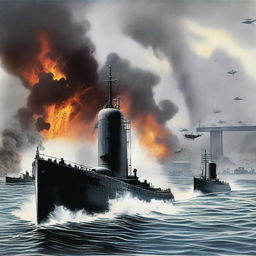 A detailed illustration of the 1942 Japanese submarine attack on Sydney Harbour