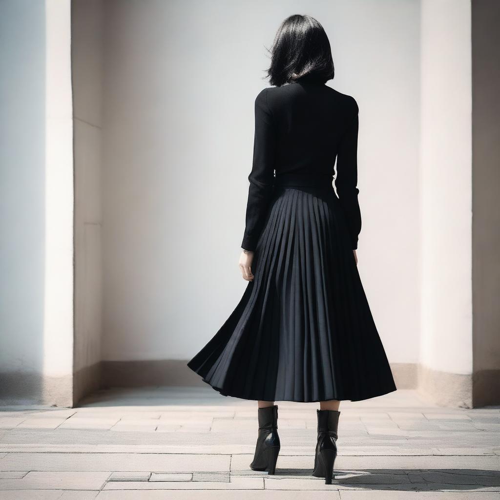 A girl with black hair, seen from behind, wearing a black pleated long skirt and long boots