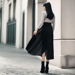 A girl with black hair, seen from behind, wearing a black pleated long skirt and long boots