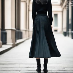 A girl with black hair, seen from behind, wearing a black pleated long skirt and long boots