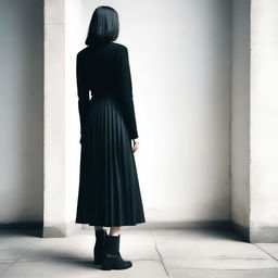 A girl with black hair, seen from behind, wearing a black pleated long skirt and long boots