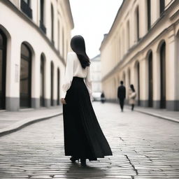 A girl with black hair, seen from behind, wearing a black pleated long skirt and long boots that go under the skirt