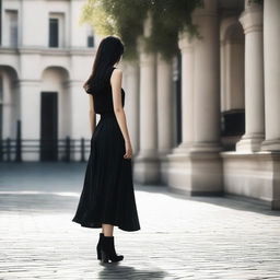 A girl with black hair, seen from behind, wearing a black pleated long skirt and long boots that go under the skirt