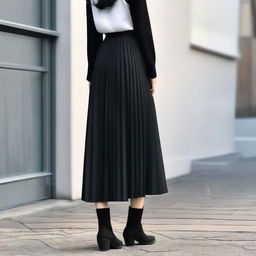 A girl with black hair, seen from behind, wearing a black pleated long skirt and long boots that go under the skirt